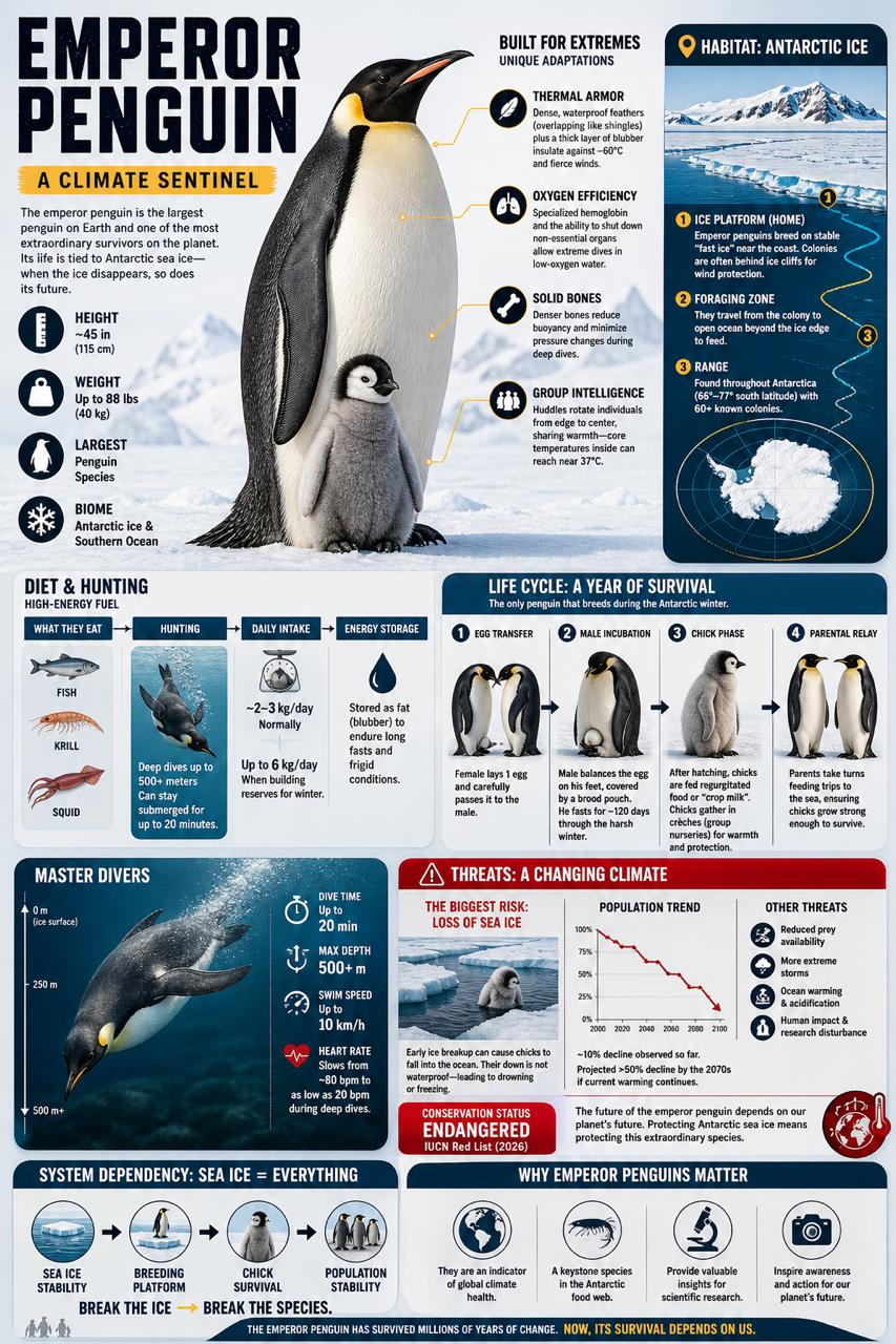 Emperor penguin field-guide style infographic preview.